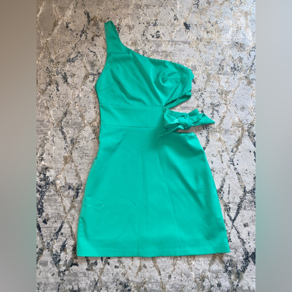 Teal bodycon one shoulder, cutout with bow dress
